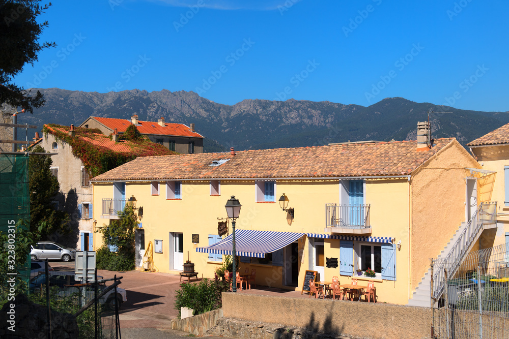 Village in landscape east coast French Corsica