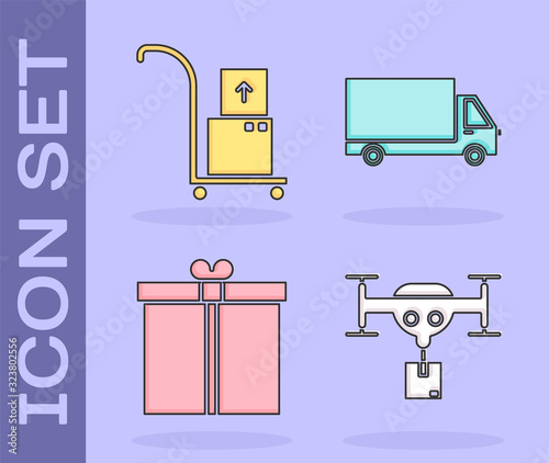 Set Delivery drone with the package , Hand truck and boxes , Gift box and Delivery cargo truck vehicle icon. Vector