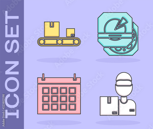 Set Delivery man with cardboard boxes , Conveyor belt with cardboard box , Calendar and Pizza in cardboard box icon. Vector