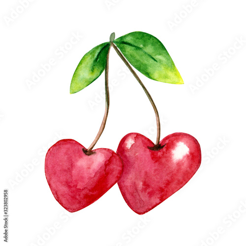 watercolor heart shaped cherry. Hand drawn illustration 