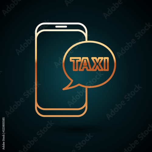Gold line Taxi call telephone service icon isolated on dark blue background. Taxi for smartphone. Vector Illustration