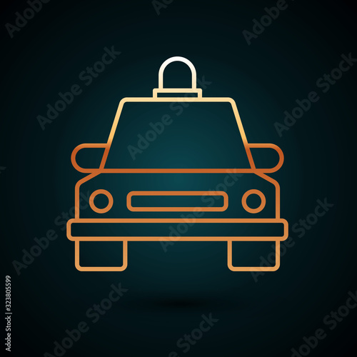 Gold line Taxi car icon isolated on dark blue background. Vector Illustration