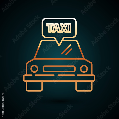 Gold line Taxi car icon isolated on dark blue background. Vector Illustration