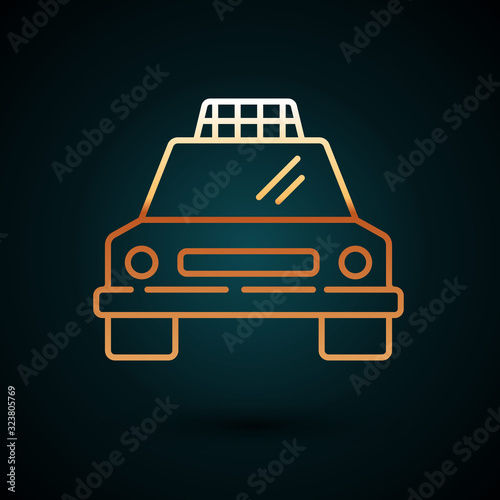 Gold line Taxi car icon isolated on dark blue background. Vector Illustration