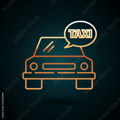 Gold line Taxi car icon isolated on dark blue background. Vector Illustration