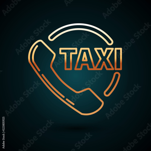 Gold line Taxi call telephone service icon isolated on dark blue background. Taxi for smartphone. Vector Illustration