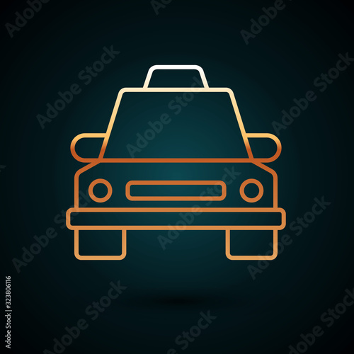 Gold line Taxi car icon isolated on dark blue background. Vector Illustration