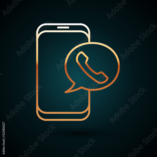 Gold line Taxi call telephone service icon isolated on dark blue background. Taxi for smartphone. Vector Illustration