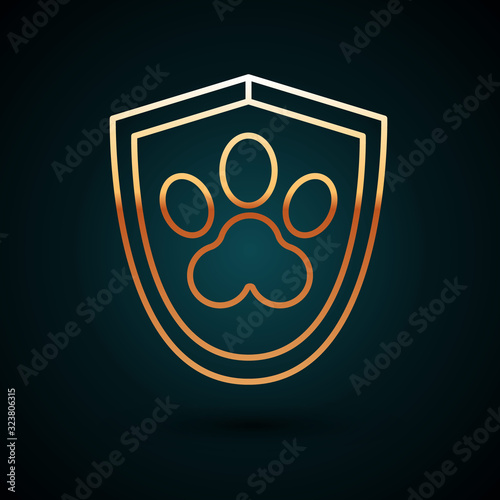 Gold line Animal health insurance icon isolated on dark blue background. Pet protection icon. Dog or cat paw print. Vector Illustration