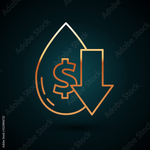 Gold line Drop in crude oil price icon isolated on dark blue background. Oil industry crisis concept. Vector Illustration