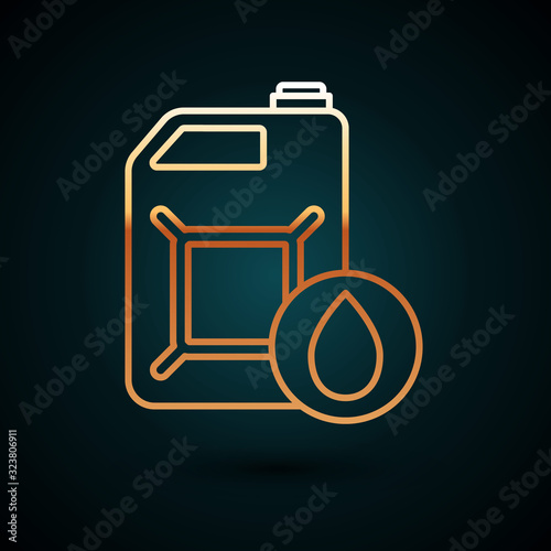 Gold line Plastic canister for motor machine oil icon isolated on dark blue background. Oil gallon. Oil change service and repair. Vector Illustration