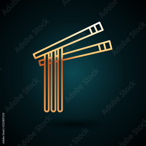 Gold line Asian noodles and chopsticks icon isolated on dark blue background. Street fast food menu. Korean, Japanese, Chinese food. Vector Illustration