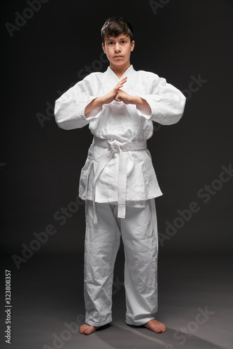a teenager dressed in martial arts clothing poses on a dark gray background, greeting position, sports concept