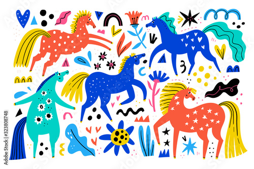 Fototapeta Naklejka Na Ścianę i Meble -  Cute horses hand drawn color vector seamless pattern. Jumping, rearing stallion and mare on floral background. Racehorse multicolor vector elements for wrapping paper, textile, t shirt, postcard