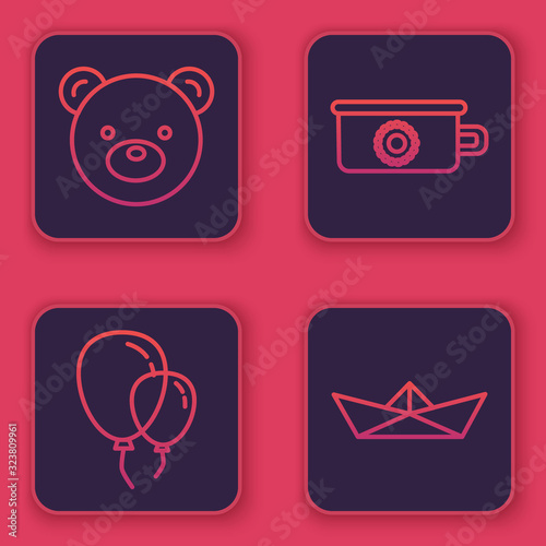 Set line Teddy bear plush toy, Balloons with ribbon, Baby potty and Folded paper boat. Blue square button. Vector