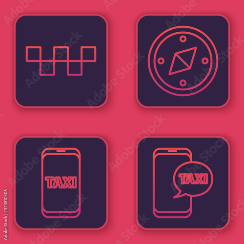 Set line Taxi car roof, Taxi call telephone service, Compass and Taxi call telephone service. Blue square button. Vector