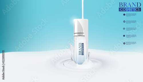 Cosmetic realistic vector shining background with spray bottle. spray bottle White in milk splash.Mock-up promo banner poster