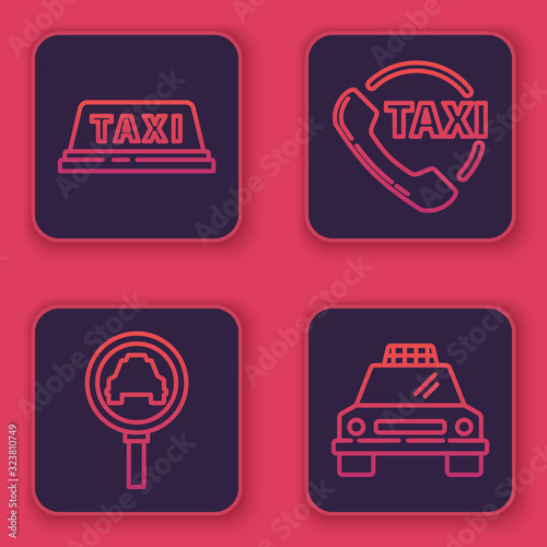 Set line Taxi car roof, Magnifying glass and taxi car, Taxi call telephone service and Taxi car. Blue square button. Vector