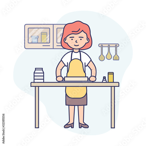 Cooking Concept. Happy Woman Is Cooking Food At The Kitchen. Woman Is Rolling Out the Dough On the Kitchen s Table. Housewife Is Cooking Healthy Food. Cartoon Flat Outline Linear Vector Illustration photo