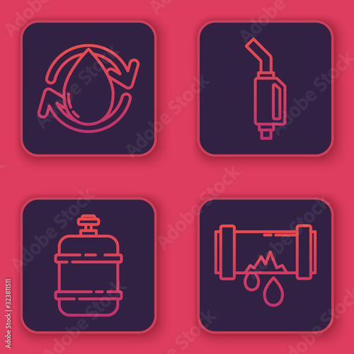 Set line Oil drop, Propane gas tank, Gasoline pump nozzle and Broken metal pipe with leaking water. Blue square button. Vector