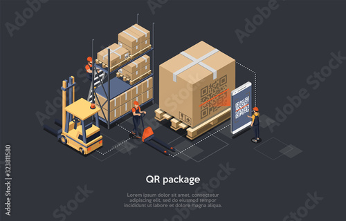 Isometric Concept Of Warehouse, Logistic Delivery Service And Staff. Workers Are Sorting, Scanning Goods. Worker Is Scanning Qr Code Of Package Before Loading And Shipment. Vector illustration
