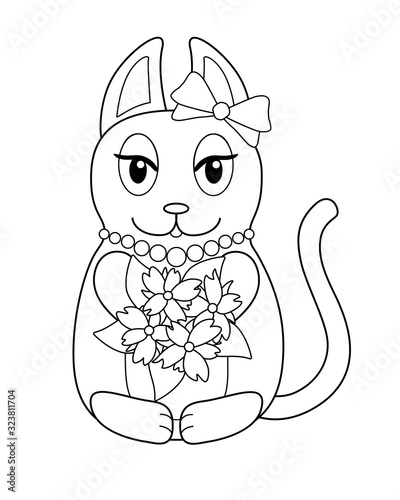 Kitty in cartoon style - vector linear picture for coloring. Kitty is a fashionista with a bow, pearl beads and a bouquet of flowers. Beautiful cat in holiday dress and makeup - vector