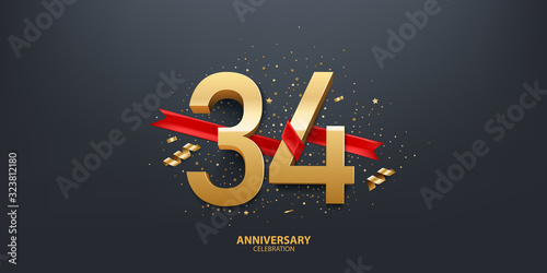 34th Year anniversary celebration background. 3D Golden number wrapped with red ribbon and confetti on black background.