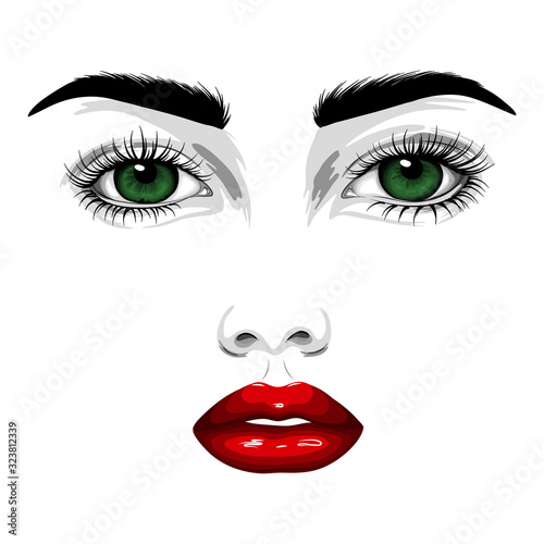Fashion illustration. Beautiful face of a woman with green eyes, red lips, long eyelashes. Vector EPS 10.	