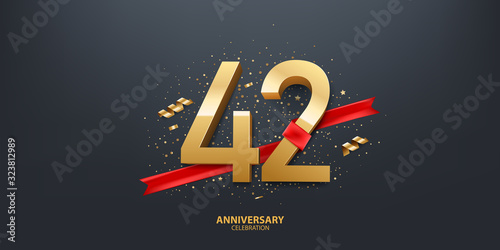 42nd Year anniversary celebration background. 3D Golden number wrapped with red ribbon and confetti on black background. photo
