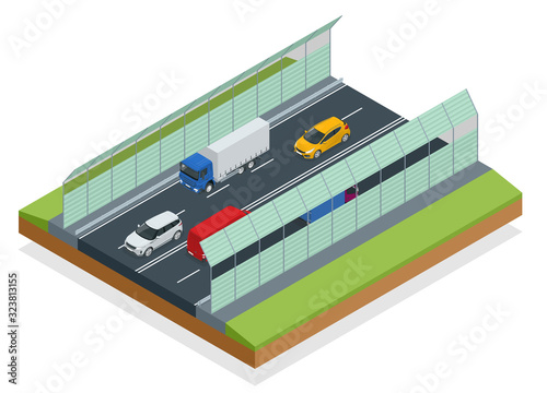 Isometric sound-absorbing tunnel isolated on white. Expressway equipped with sound-absorbing screens.