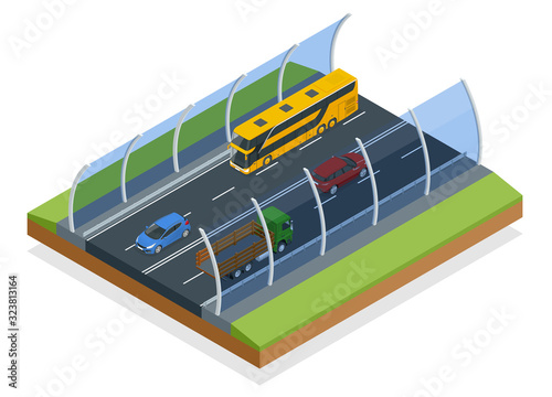 Isometric sound-absorbing tunnel isolated on white. Expressway equipped with sound-absorbing screens.