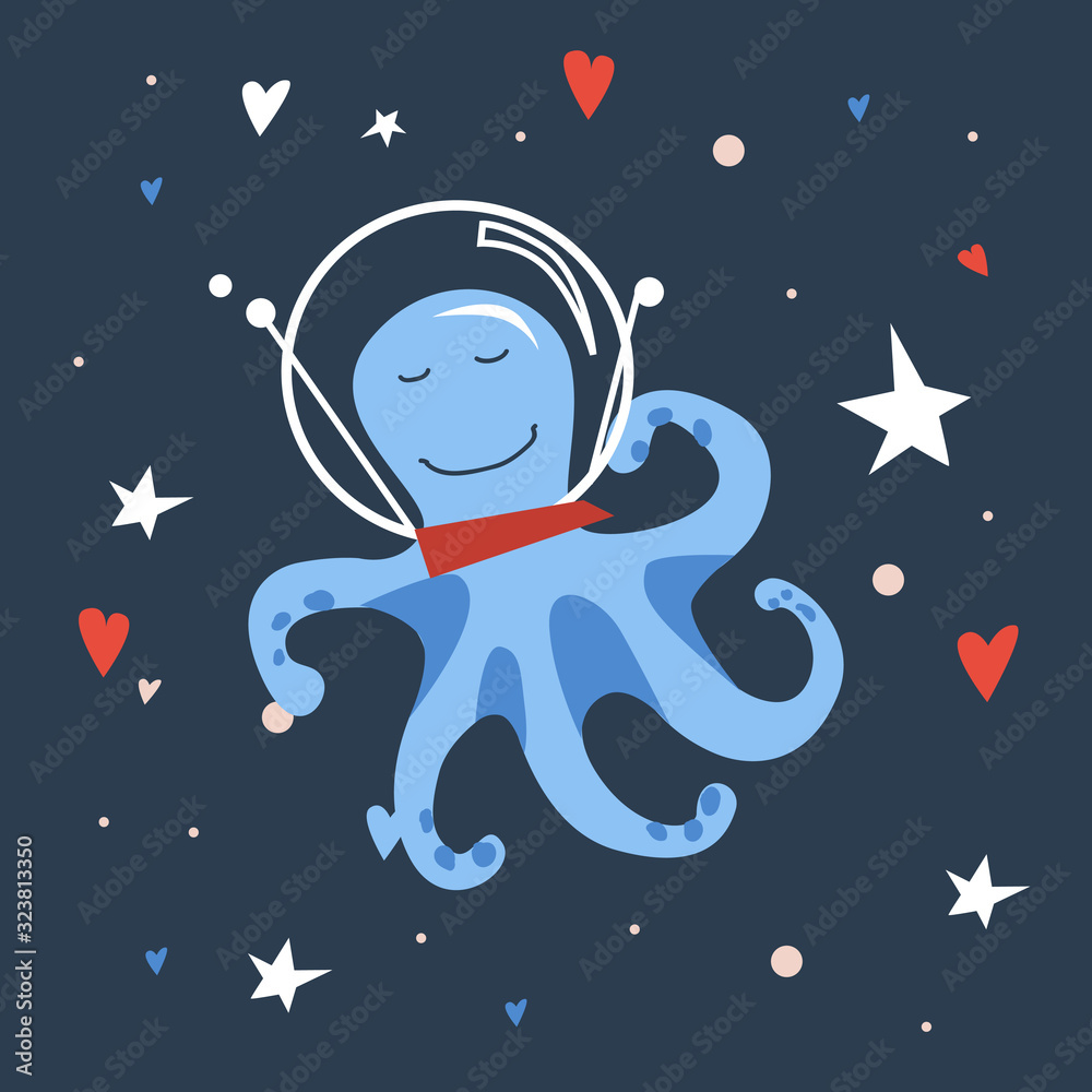 Fototapeta premium Vector handdrawn cute illustration of octipus in the space helmet on the starry sky. Concept for kids design, cute cartoon character for children room poster. Funny sea creature in space as cosmonaut