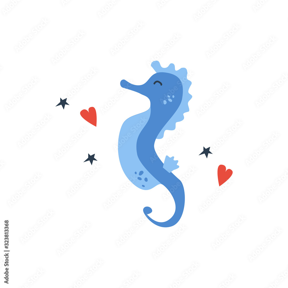 Fototapeta premium Vector handdrawn cute illustration of seahorse on the white background. Concept for kids design, cute cartoon character for children room poster. Funny sea creature with hearts and stars