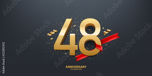 48th Year anniversary celebration background. 3D Golden number wrapped with red ribbon and confetti on black background.