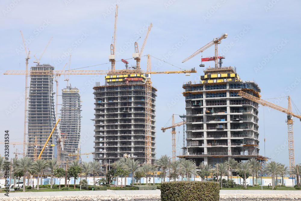Fototapeta premium Doha / Qatar – February 17, 2020: Construction work near the Marina promenade in the Lusail area of Doha