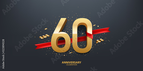 60th Year anniversary celebration background. 3D Golden number wrapped with red ribbon and confetti on black background.