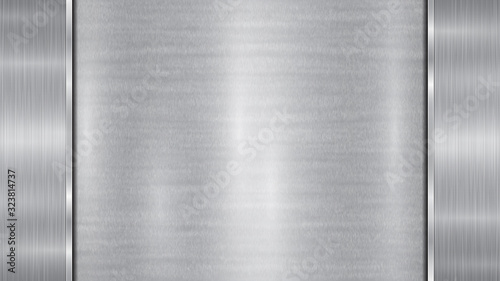 Background in silver and gray colors, consisting of a shiny metallic surface and two vertical polished plates located left and right, with a metal texture, glares and burnished edges