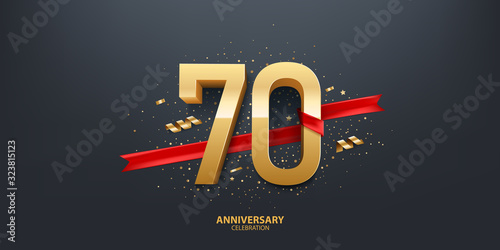 70th Year anniversary celebration background. 3D Golden number wrapped with red ribbon and confetti on black background.