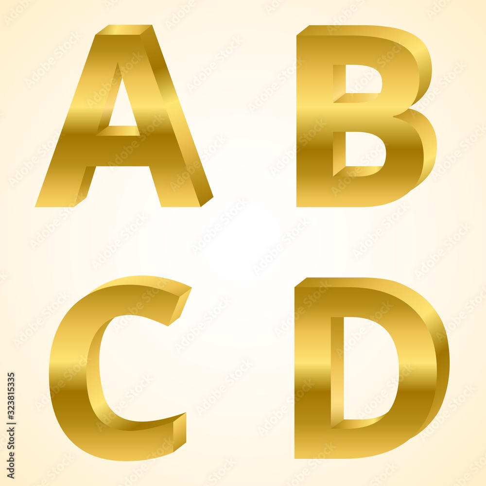 Letters A to D color gold 3D style. Letters A to D color gold 3D style.