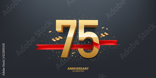 75th Year anniversary celebration background. 3D Golden number wrapped with red ribbon and confetti on black background. photo