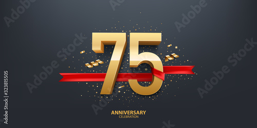 75th Year anniversary celebration background. 3D Golden number wrapped with red ribbon and confetti on black background.
