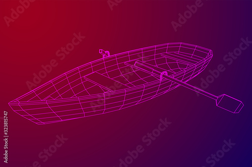 Rowing boat with paddles. Wireframe low poly mesh vector illustration