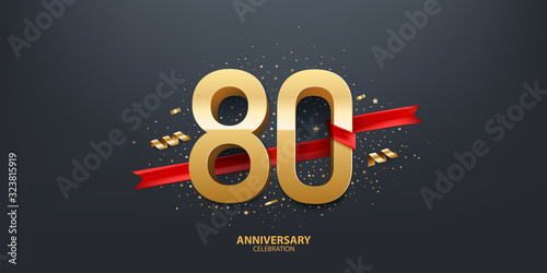80th Year anniversary celebration background. 3D Golden number wrapped with red ribbon and confetti on black background.