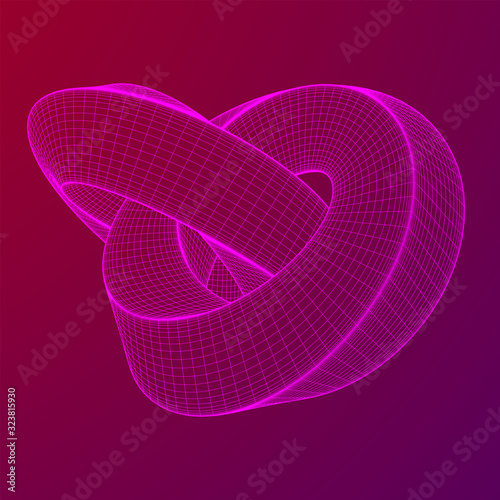 Mobius strip ring knot sacred geometry. Spatial figure with upturned surfaces. Optical illusion with dual circular contour. Wireframe low poly mesh vector illustration.