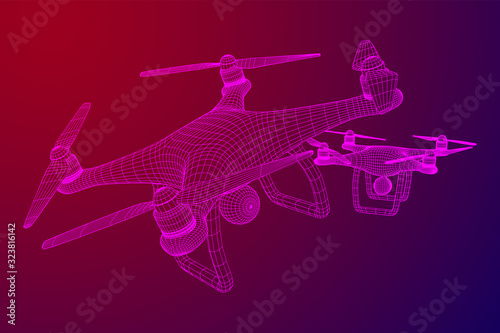 Remote control air drone. Dron flying with action video camera. Wireframe low poly mesh vector illustration