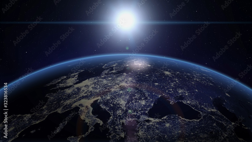 world sun raising over space 3d illustration
