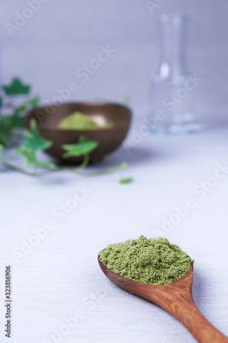 Spoonful of the ayurvedic powder Sidr (Zizyphus jujuba) on a light background