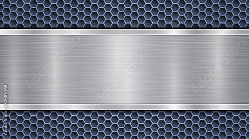 Background of blue perforated metallic surface with holes and horizontal silver polished plate with a metal texture, glares and shiny edges