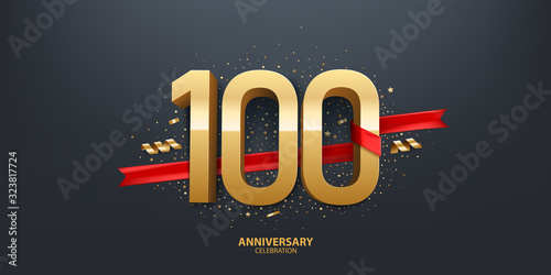 100th Year anniversary celebration background. 3D Golden number wrapped with red ribbon and confetti on black background. photo