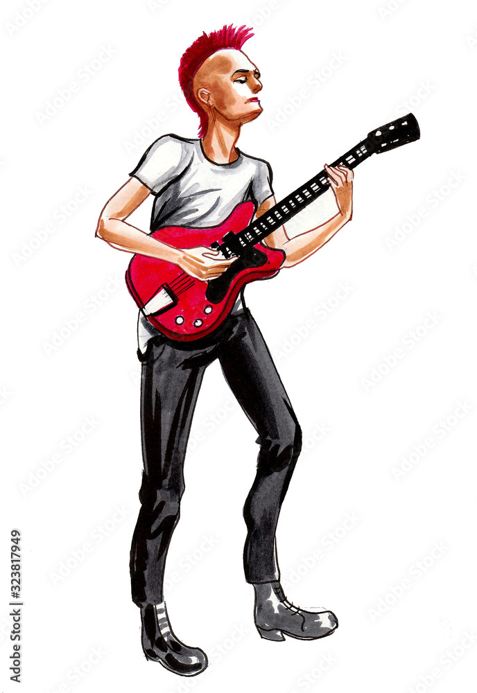 Punk with electric guitar. Ink and watercolor drawing Punk with electric guitar. Ink and watercolor drawing